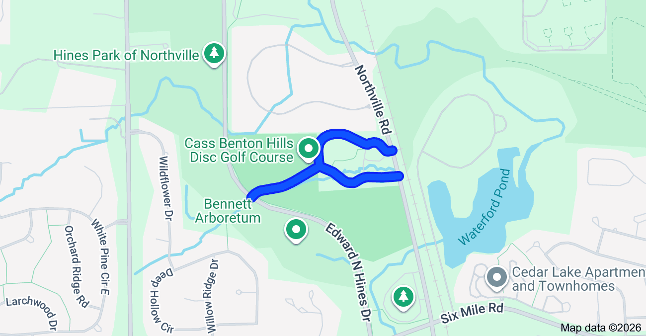 Map of Cass Benton Park, Northville, showing the trailhead and park area near Northville Rd. and Hines Drive